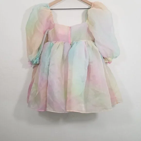 Selkie Rainbow Multicolor Puff Sleeve Mini Dress Square Neck Size S - Picture 6 of 9